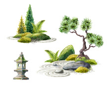 Set Of Watercolor Nature Clip Art. Green Fern Leaves, Stone Lantern, Rocks And Bonsai Tree. Spiritual Zen Garden Design Elements, Isolated On White Background