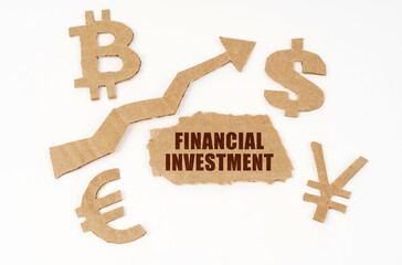 On a white background, currency symbols, an arrow and a cardboard box with the inscription - Financial investment