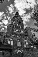 Poster - Saint Nicholas Evangelical Church. The main church and seat of the bishop of the Pomeranian Evangelical Church. Greifswald. Germany. Black and white.