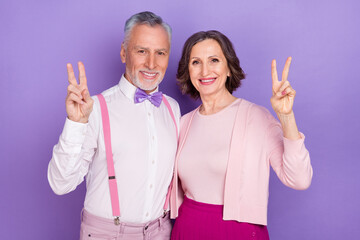 Sticker - Portrait of two positive cheerful persons fingers demonstrate v-sign isolated on purple color background