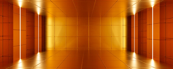 Wall Mural - abstract orange retro futuristic design room with tiles and bright lighting 3d render illustration