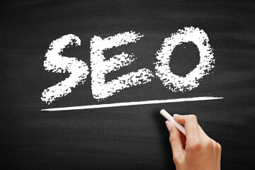 Poster - SEO Search engine optimization acronym - process of improving the quality and quantity of website traffic to a website or a web page from search engines, text concept on blackboard