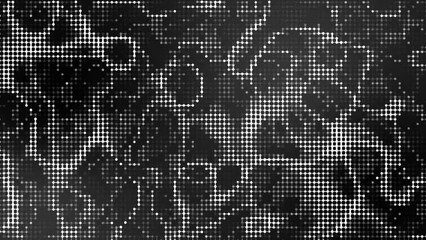 Poster - Halftone animated mosaic background. Texture connecting dots, strasses, particles Rotation chaotic smoke rings. Movement pixels. Energy flows. Sequins. Design technology, social networks. 4k