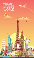 Traveling The Wonders Of The World On Vacation, Famous Building Symbols And Vector Poster Design.
