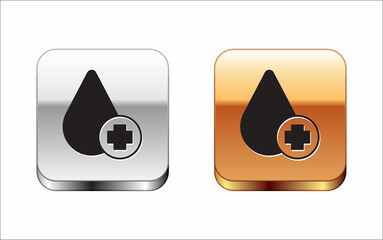 Sticker - Black Donate drop blood with cross icon isolated on white background. Silver and gold square buttons. Vector