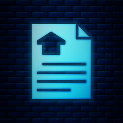 Poster - Glowing neon House contract icon isolated on brick wall background. Contract creation service, document formation, application form composition. Vector