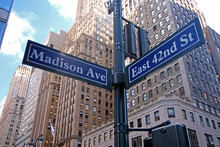 Blue East 42nd Street And Madison Avenue Historic Sign In Midtown Manhattan