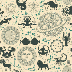 Wall Mural - Abstract seamless pattern with zodiac signs, horoscope symbols, sun, moon, stars, constellations and Ptolemaic Geocentric System on an old paper backdrop. Hand-drawn vector background in retro style