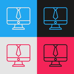 Poster - Pop art line Video chat conference icon isolated on color background. Online meeting work form home. Remote project management. Vector