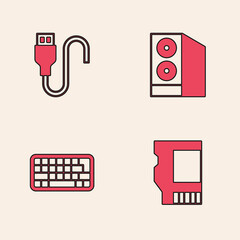 Wall Mural - Set SD card, USB cable cord, Case of computer and Keyboard icon. Vector