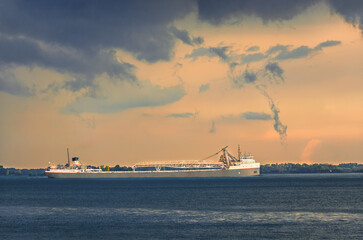 Detroit River Ship under Stormy Summer Sky