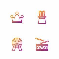 Sticker - Set line Drum with drum sticks, Target, Jester hat bells and Magician and rabbit ears. Gradient color icons. Vector