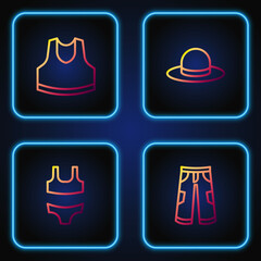 Sticker - Set line Pants, Swimsuit, Undershirt and Man hat. Gradient color icons. Vector