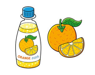 Wall Mural - Orange fruit with slice and juice smoothie cocktail soft drink soda bottle isolated cartoon vector