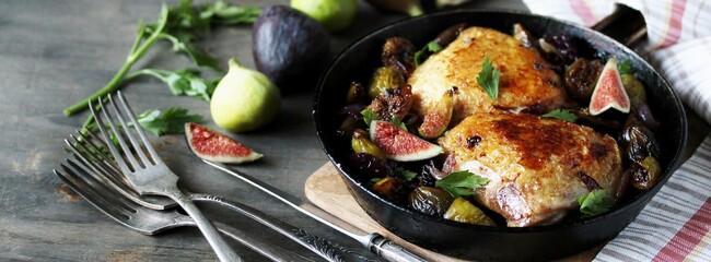 Poster - chicken with figs. dish with figs. fried chicken with figs and onions in pan. Soft focus.