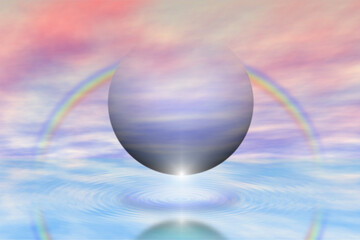 Poster - An abstract illustration of a rainbow above a planet in the colorful sky