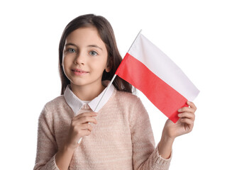 Canvas Print - Cute little girl with flag of Poland on white background