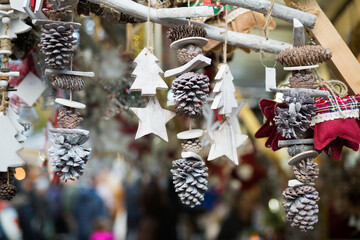 Handmade wooden Christmas toys on the street market. High quality photo