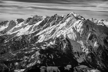 Wall Mural - A grayscale shot of alpine mountains of Austria at dawn