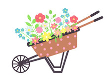 Vintage Wooden Polka Dots Cart With Flowers. Cartoon Wheelbarrow With Gardening Flowers. Gardening, Spring Or Summer Concept.