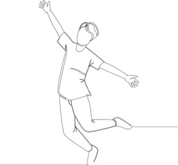 Simple continuous line drawing of male jump when feel so happy. Vector illustration. Happy free.