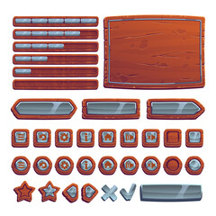 Poster - Game buttons of wood and stone, cartoon gamer interface elements, menu board, slider, settings, sound, arrow, info and home keys, user panel ui or gui isolated design, Vector illustration, icons set