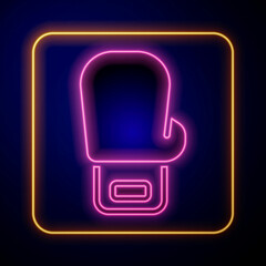 Poster - Glowing neon Boxing glove icon isolated on black background. Vector