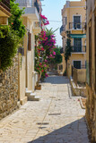 Fototapeta Uliczki - Street view of  traditional houses and a colorful bougainvillea tree in Ermoupolis, Syros island, Greece