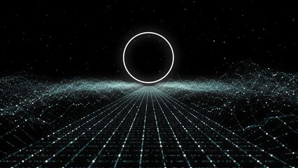 Poster - Glow digital landscape with particles. Digital technology concept