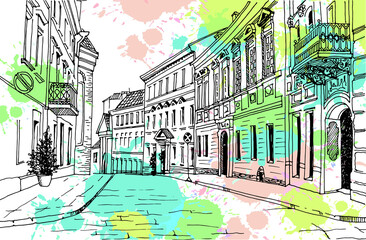 Wall Mural - Old city street in hand drawn sketch style. Vilnius, Lithuania. Nice European city. Urban landscape. Vector illustration on colorful blobs background. Without people.

