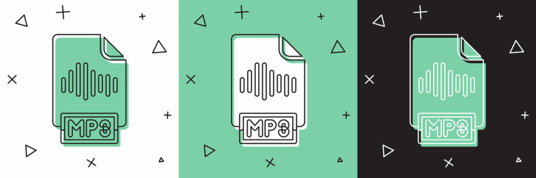 Set MP3 file document. Download mp3 button icon isolated on white and green, black background. Mp3 music format sign. MP3 file symbol. Vector