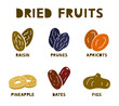 Dried fruits, silhouette icons set. Raisin, prunes, apricot, fig, pineapple, dates. Color hand drawn elements on white background