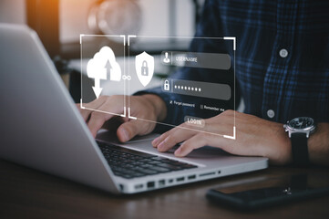 user typing login and password in the concept of cyber security, information security, data protection, and encryption for secure access to user's personal information