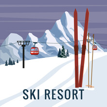Mountain Vintage Winter Resort Village Alps, Switzerland. Snow Landscape Peaks, Slopes With Red Gondola Lift, With Wooden Old Fashioned Skis And Poles. Travel Retro Poster