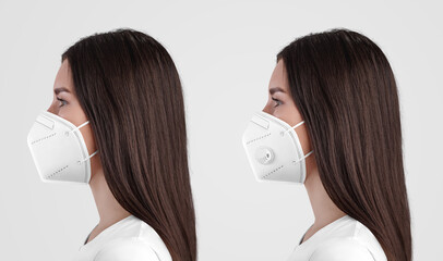 Sticker - White mask template with exhalation valve FFP3 on a nurse, a girl in a medical mask with and without a mechanical filter.