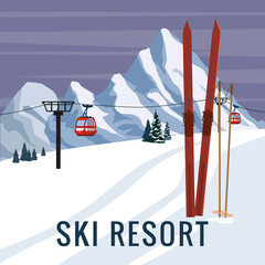 Wall Mural - Mountain vintage winter resort village Alps, Switzerland. Snow landscape peaks, slopes with red gondola lift, with wooden old fashioned skis and poles. Travel retro poster