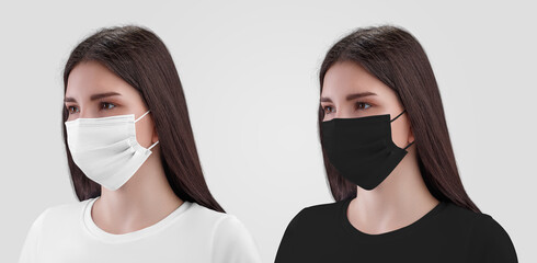 Sticker - Mockup of a white, black surgical mask on a nurse with dark hair and eyes, isolated on background.