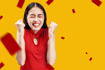 Poster - Asian Chinese woman in a cheongsam dress with happy expression celebrates Chinese New Year