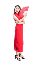 Sticker - Asian Chinese woman in a cheongsam dress holding fan