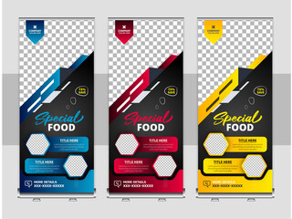 Wall Mural - Creative Food Roll-Up Banner Design Template for Restaurant and Cafe Business with three different gradient colors. Vertical, roll-up template, banner stand, or flag template.