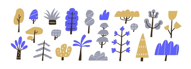 Poster - Abstract doodle trees set. Cute naive forest plants of primitive shapes. Simple botanical cliparts in Scandinavian style. Childish colored flat vector illustrations isolated on white background