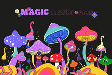Psychedelic Hippie Mushrooms 70s Retro Style. Vector Illustration Esoteric Art