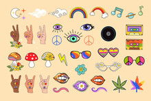 Retro Pop Art Set Items From The 70s. Hands, Lips, Eyes, Cassettes, Glasses, Mushrooms And A Rainbow. Vector Vintage Illustration For Postcards, T-shirt Design