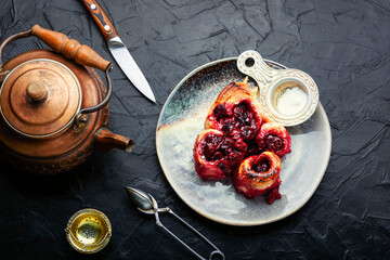 Poster - Tasty cottage cheese pie with berries.