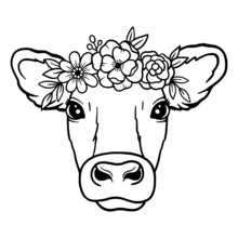 Cow Head Wreath Of Flowers. Crown Of Flowers. Outline Cow Head Vector. Cow Logo. Farm Animal. Vector Illustration Isolated On White Background.