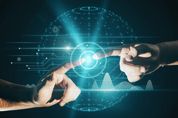 Poster - Close up of businessmen hands pointing at abstract glowing polygonal sphere and digital business interface on blurry blue background. Future, innovation and technology concept. Double exposure.