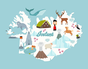 Print. Iceland map poster. Animals and sights of Iceland. Reykjavik
