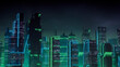 © RocknRoller Studios - Cyberpunk Metropolis with Green and Blue Neon lights. Night scene with Advanced Architecture.