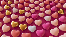 Valentine's Day Background. Spiral Design With Pink, Peach And Gold 3d Hearts. 3D Render.