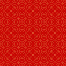 China Coins Pattern Geometry In Chinese Style On Red Background. Geometric Modern Design. Vector Wallpaper. Seamless Gold Shape Line Art.
